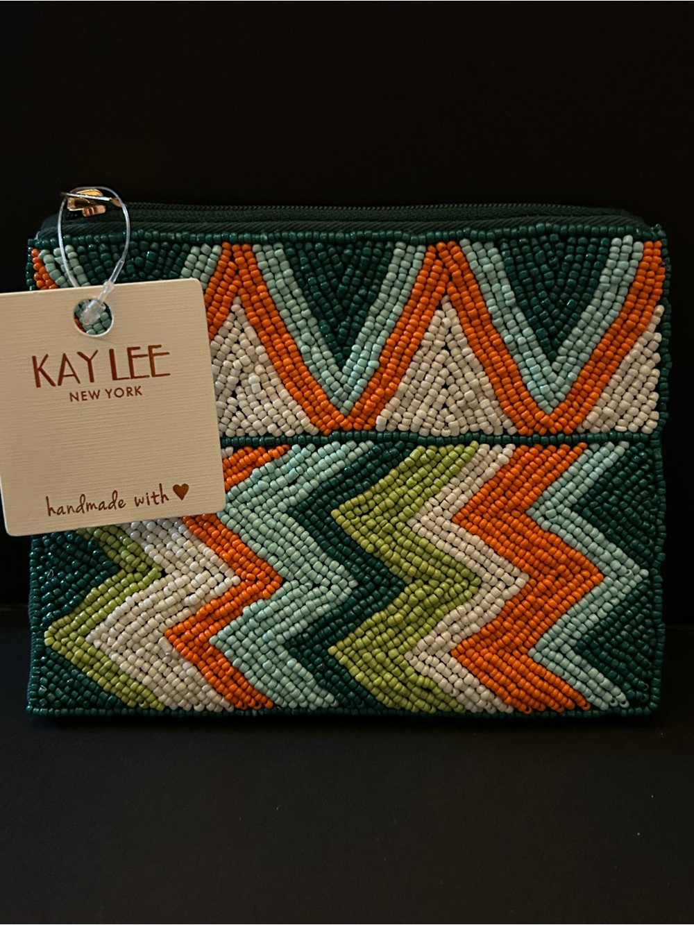 Blue, Green, Orange & White Hand-Beaded Chevron Wristlet Clutch Cosmetic Case